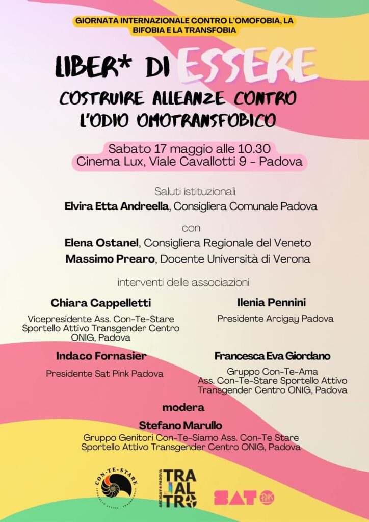 Speciale 17 Maggio Giornata Internazionale Contro Omotransfobia Ass. Con-Te-Stare Sportello Attivo Transgender Centro ONIG Padova