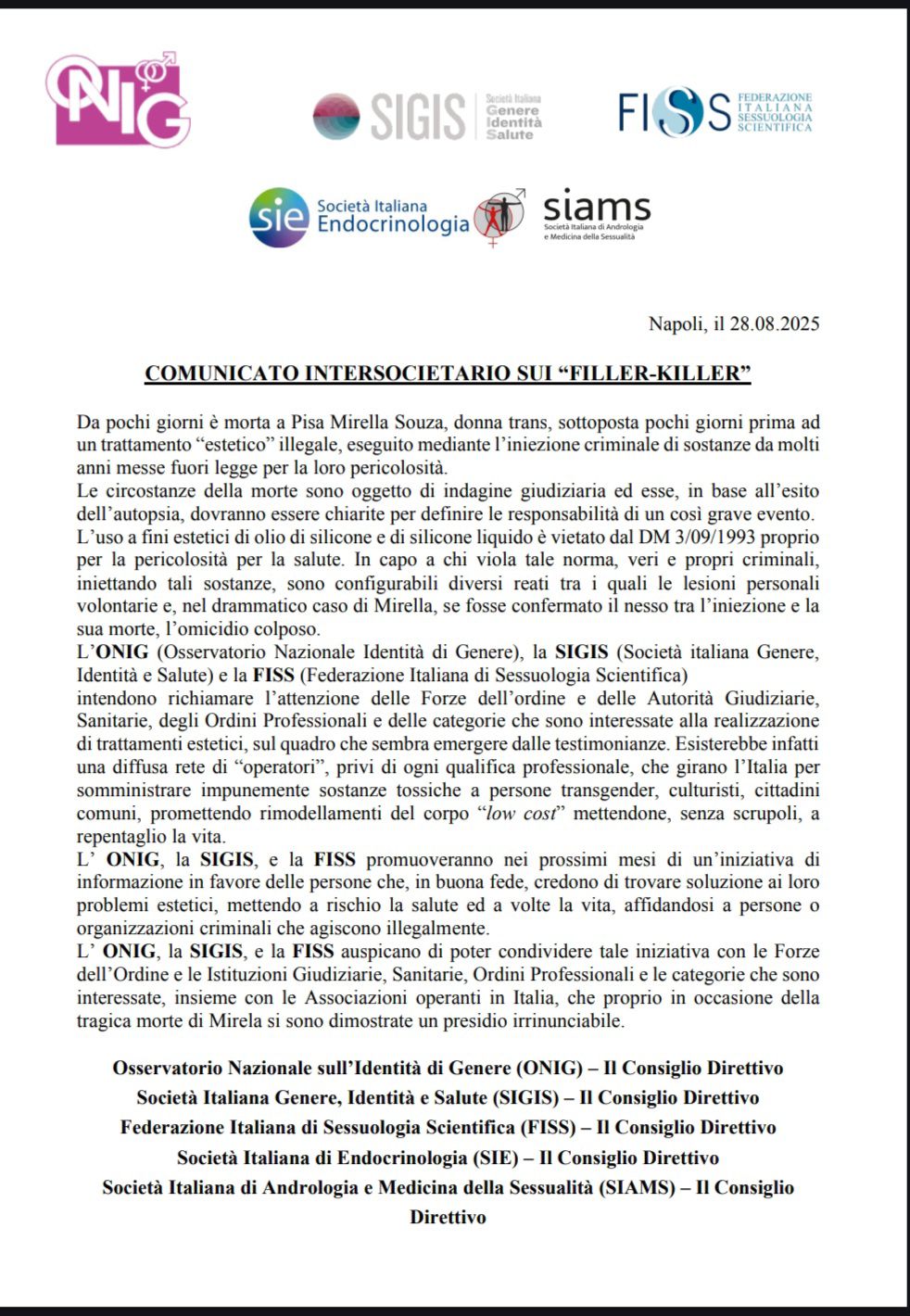 COMUNICATO INTERSOCIETARIO SUI “FILLER-KILLER” Ass. Con-Te-Stare Sportello Attivo Transgender Centro ONIG Padova